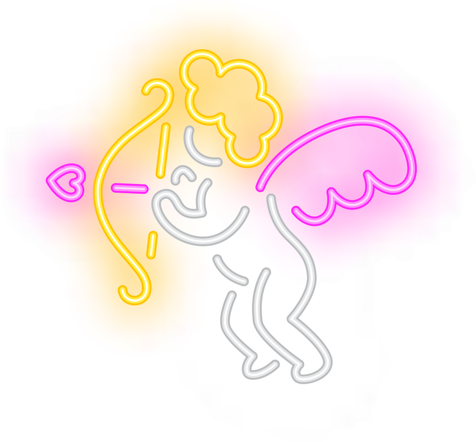 Cupid angel neon sign. Glowing angel holding love bow on brick wall background. Vector illustration can be used for love, romantic, Saint Valentines day